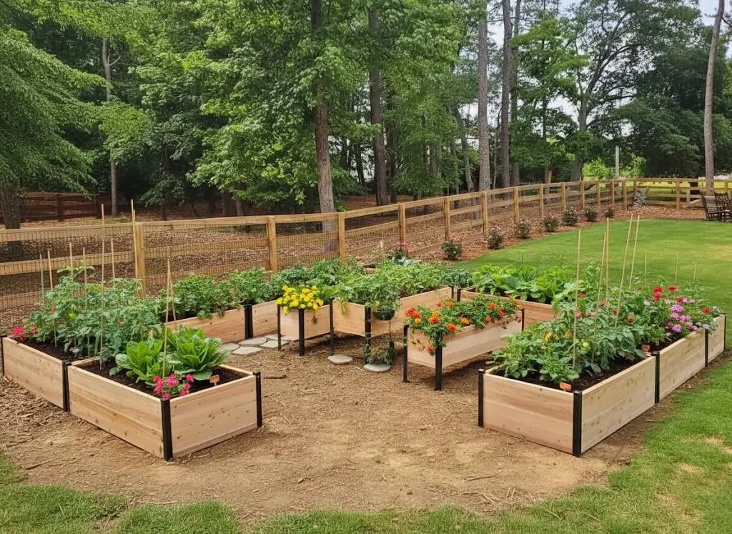 Vibrant Backyard Garden with Multiple Cedar Raised Planters for Vegetables and Flowers.