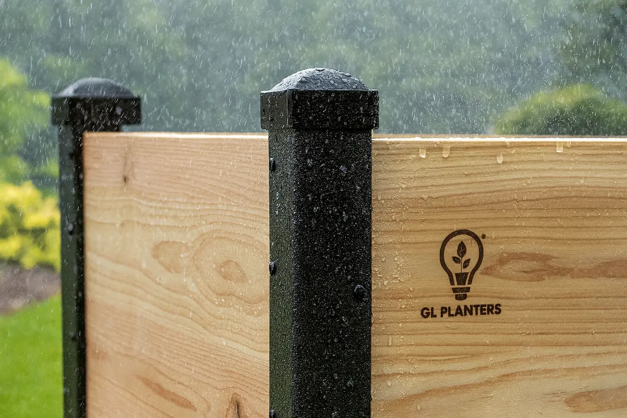 Reinforced raised bed corner engineered around stress points for long-term outdoor durability