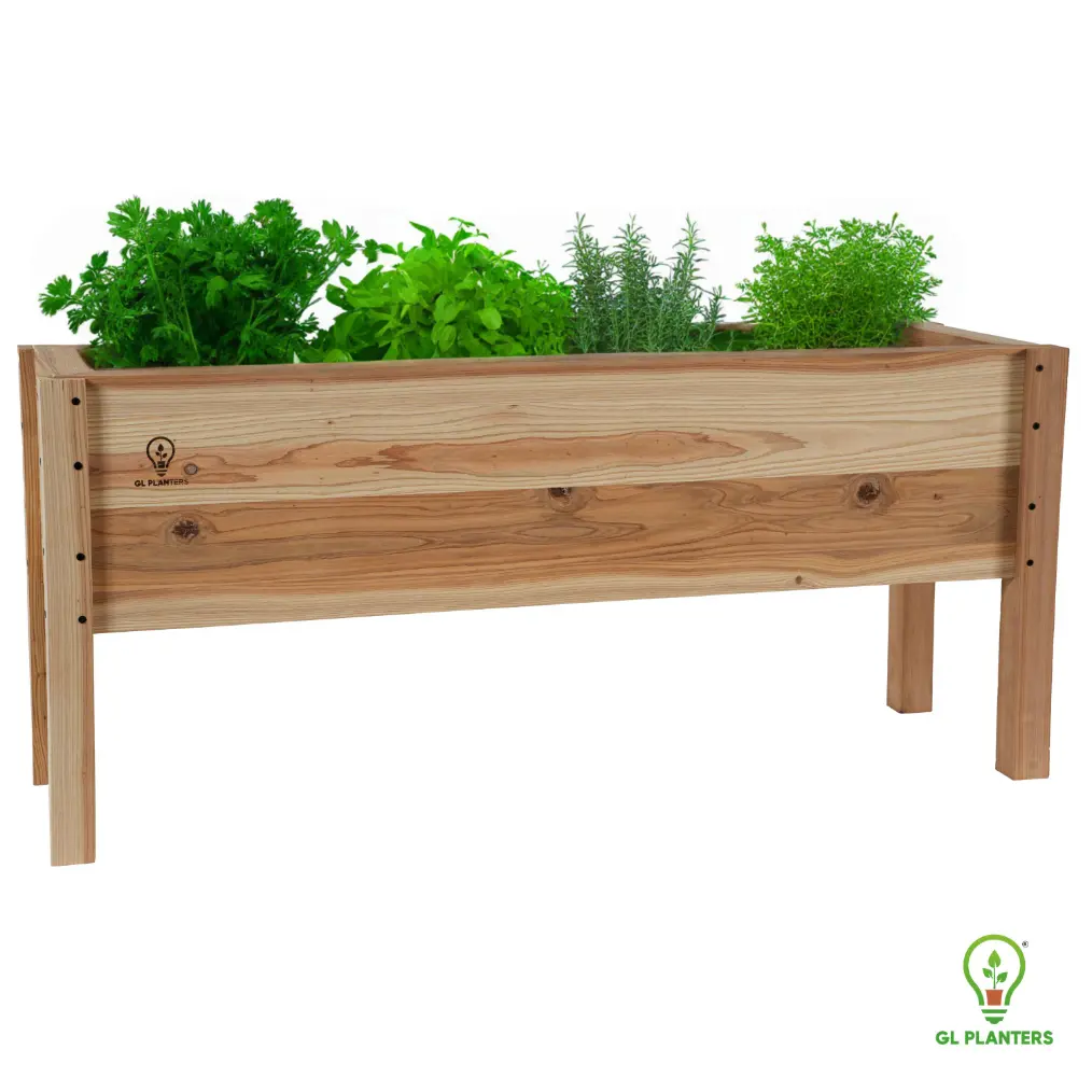 44x12 elevated cedar planter box with 1-inch tongue-and-groove cedar and grooved 2x2 cedar legs
