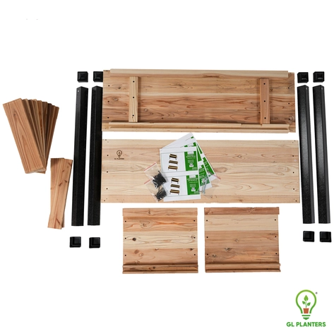 Layout of all 44 inch x 18 inch XL cedar planter parts, GFRP legs, and hardware included in the box.