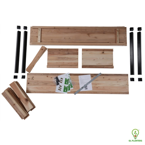 Layout of all 72 inch x 24 inch XL cedar planter parts, GFRP legs, and hardware included in the box.