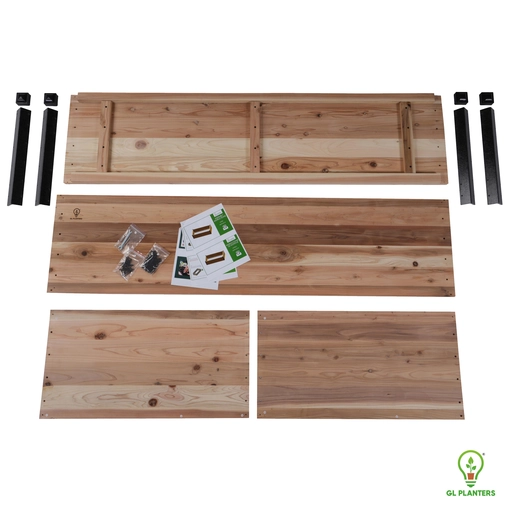 72x36 cedar raised garden bed parts and hardware laid out for fast assembly