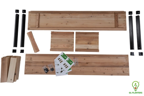 72x18 elevated cedar planter kit components including cedar panels, GFRP legs, and stainless steel hardware