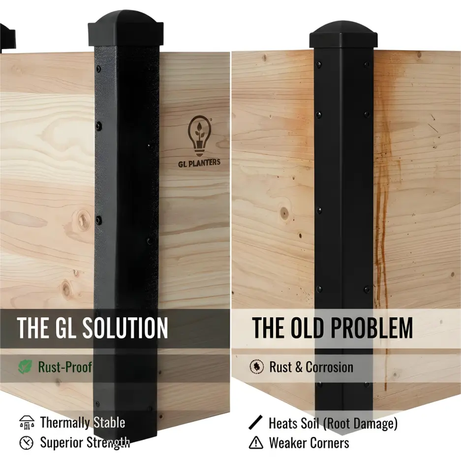 GFRP vs steel planter legs comparison showing rust-proof GL solution versus corroding steel legs