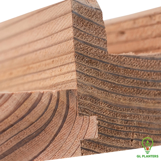 Close-up of tongue-and-groove cedar boards used in GL Planters raised garden beds